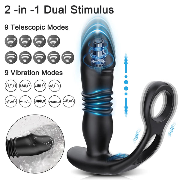 Prostate Massager Cock Ring + Thrusting Butt Plug