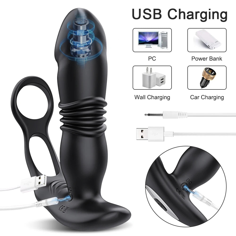 Prostate Massager Cock Ring + Thrusting Butt Plug