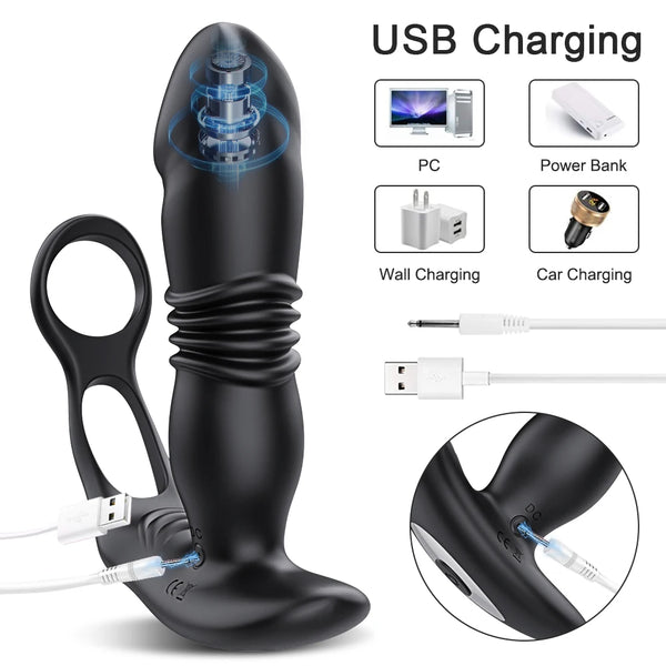 Prostate Massager Cock Ring + Thrusting Butt Plug